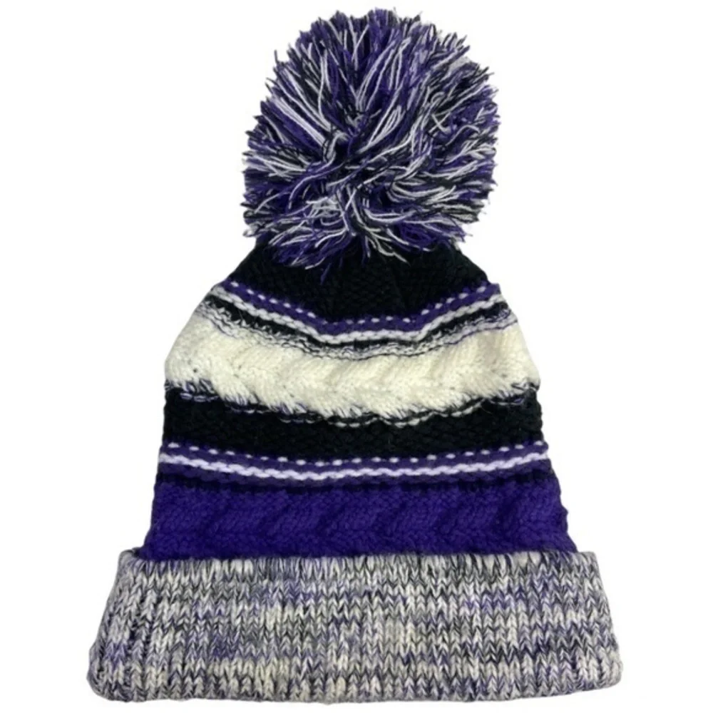 Joes Winter Hat Striped Knit Purple Black White Pom Pom Beanie Winter Hat